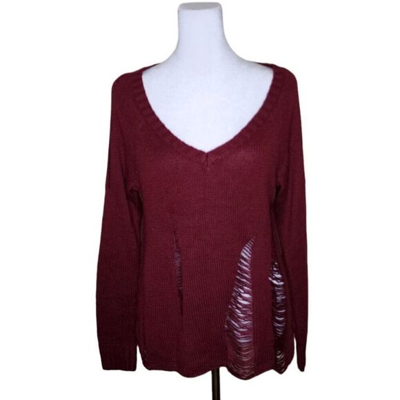 NEW Guess Distressed Open Knit Sweater Womens Size M Maroon Red - Picture 1 of 8
